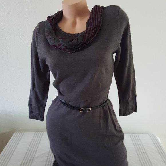 BCX Gray Sweater Dress with Scarf and Belt - Picture 2 of 3
